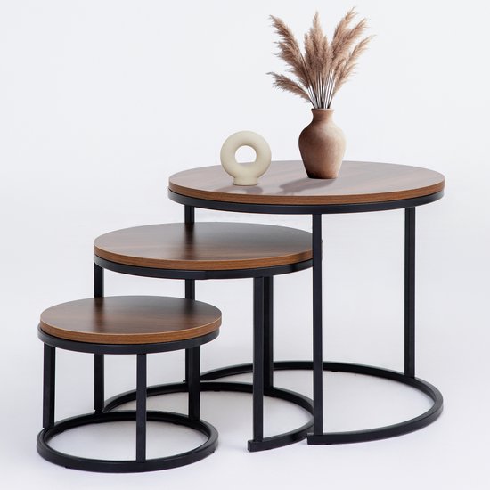 Bayt Salontafel - Salontafel Set - Ronde Salon tafel - Set 3 stuks - Bijzettafel - Koffietafel - Hout - Bruin