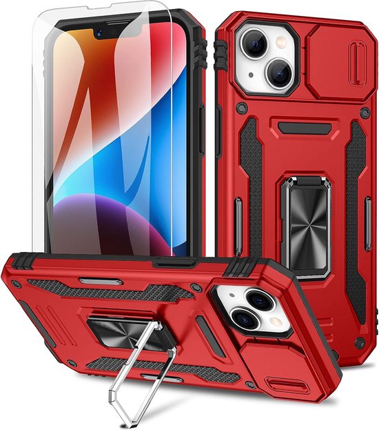 Podec Hoesje geschikt voor iPhone 14 Rood Telefoonhoesje - Anti-Shock Case Cover Hybrid Armor Hoes met Kickstand Ring met Screenprotector