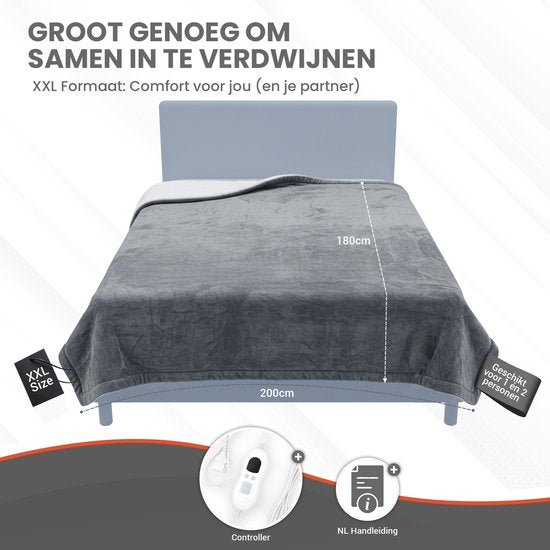 TTD® Verwarmde Deken Elektrisch - 200 x 180 cm - 40–60 °C - Flanel