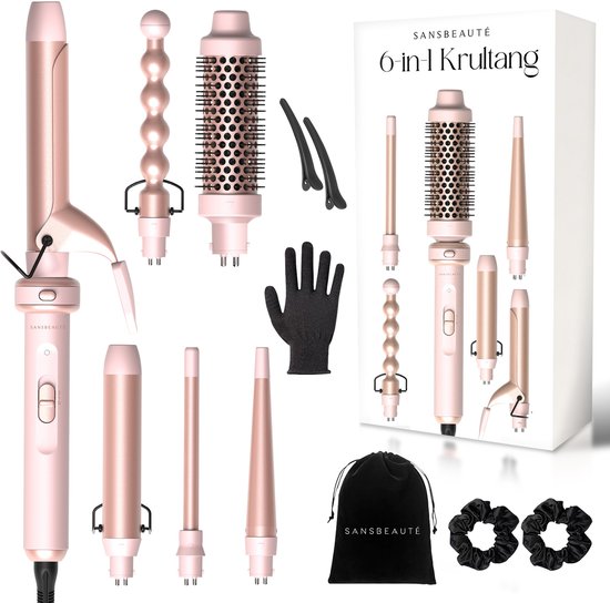 Sansbeauté® 6 in 1 Krultang met Klem - Keramische Haarkruller - 13mm tot 38mm - Föhnborstel Kort Haar - Warmteborstel - Krultangen - Thermal Brush - Haarstyler - Krulborstel 5 in 1