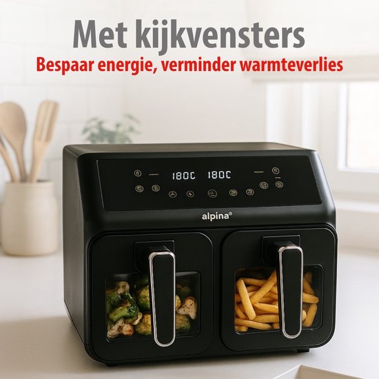 alpina Dubbele Airfryer XXL - Heteluchtfriteuse 2x4L - Air Fryer met Digitaal Touchscreen - Heteluchtoven voor 6 Personen en Meer - 8 Kookprogramma's - Sync-Modus - Timer Functie