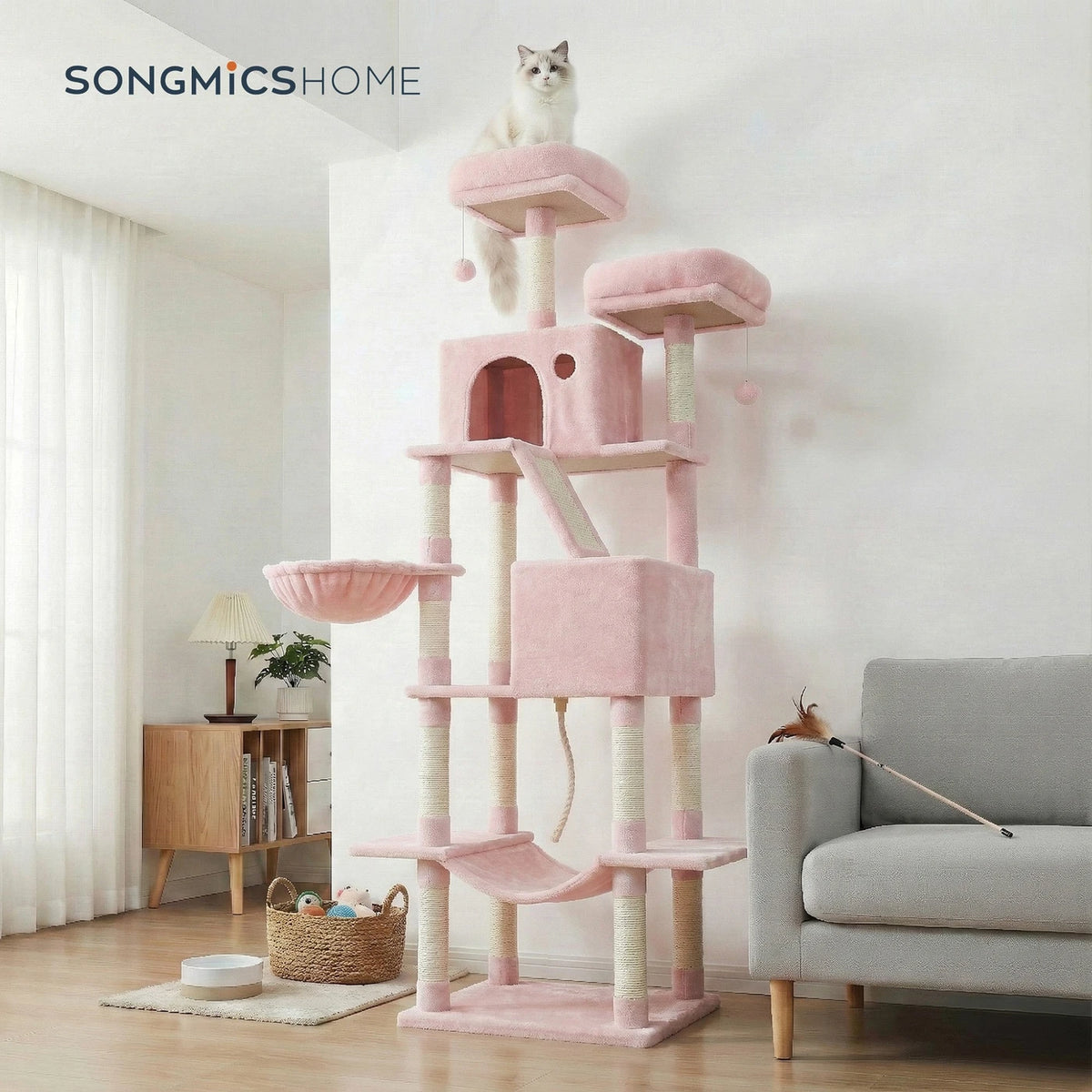 Joyfurnos Krabpaal 206 cm - XXL Kattentoren met 13 Krabstammen, 2 Kattenhuisjes & Hangmat - Roze