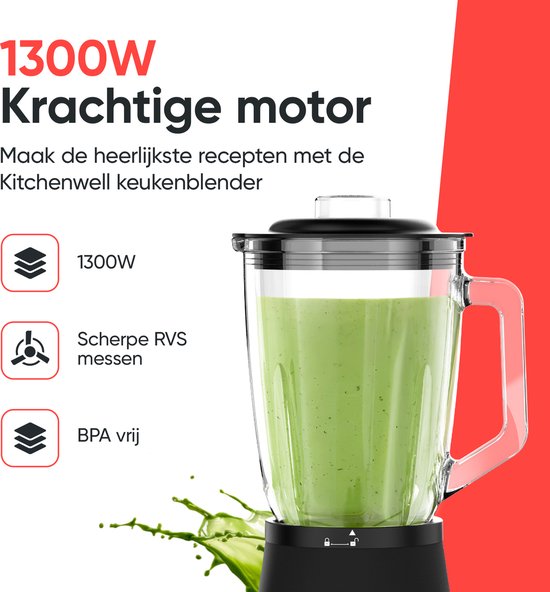 Kitchenwell Blender - Krachtige 1300 Watt Smoothieblender - 1.75 Liter - Glazen Kan - 3 Standen - Inclusief Sportbeker - RVS/Zwart