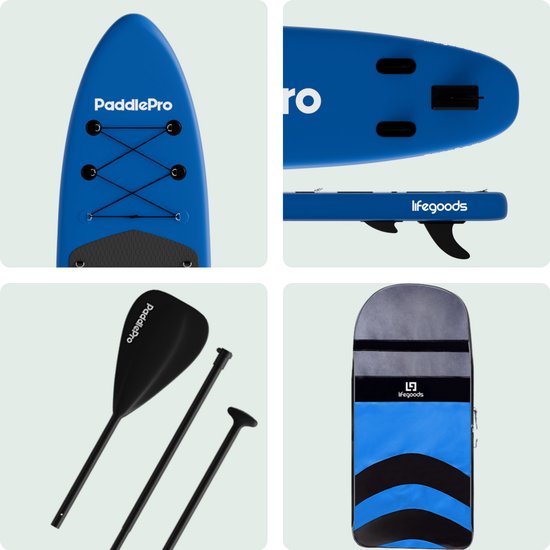 LifeGoods PaddlePro SUP Board - Opblaasbaar Paddle Board - Compleet Set - Max. 150KG - 320x81cm - Blauw