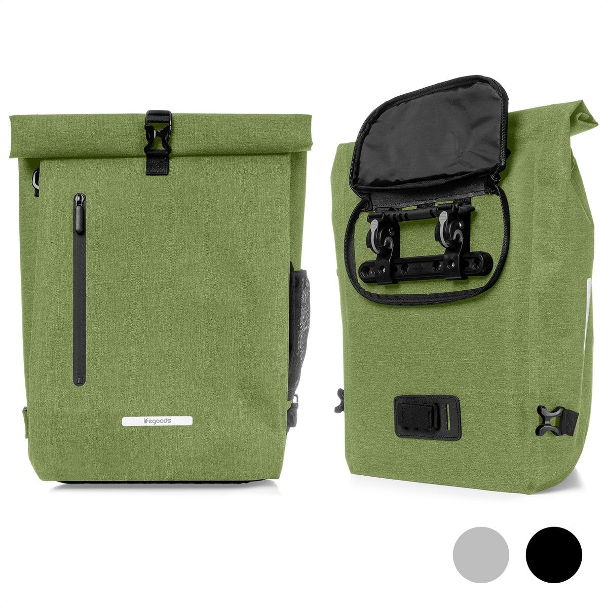 LifeGoods Enkele Fietstas - Compact - Schoudertas en Rugtas - 25L - Ronde Bagagedragers - Waterdicht - Olijfgroen
