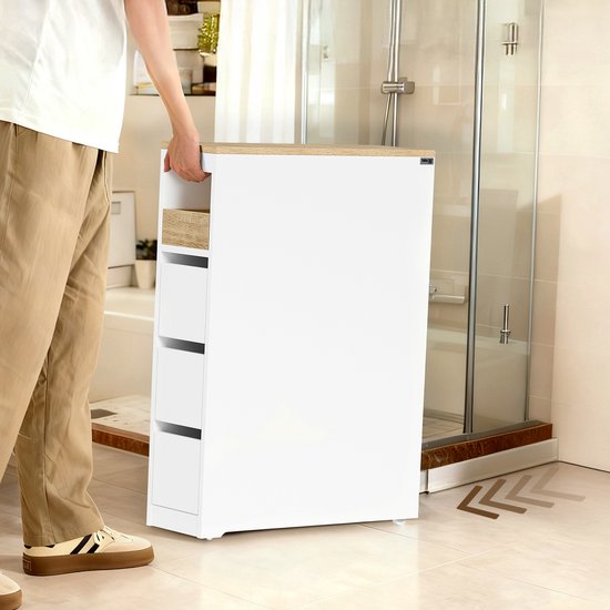 SoBuy Toiletkast 20 cm, badkamerkast met 3 laden, kleine toiletpapierkast, mobiele plank voor badkamer, toilet en keuken, wit, 60 x 20 x 82,3 cm