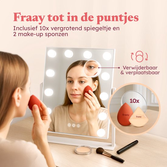 Fraay® Hollywood Spiegel met Verlichting 41x30cm - 3 Lichtstanden - Make Up Spiegel met 10x Vergrootspiegel - LED Verlichting Dimbaar - Incl. Beauty Blenders en Powder puff