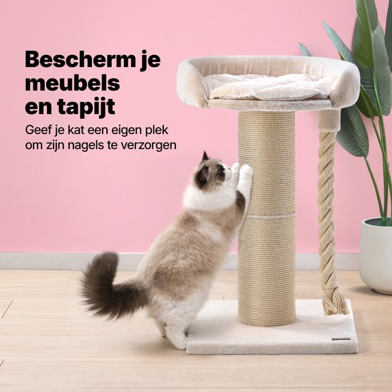 Jake en Jacky Krabpaal voor Grote Katten met Mand - Met Speeltouw - Naturel/Crème - 57x57x90 cm - Ø Sisal Krabpaal 20 cm