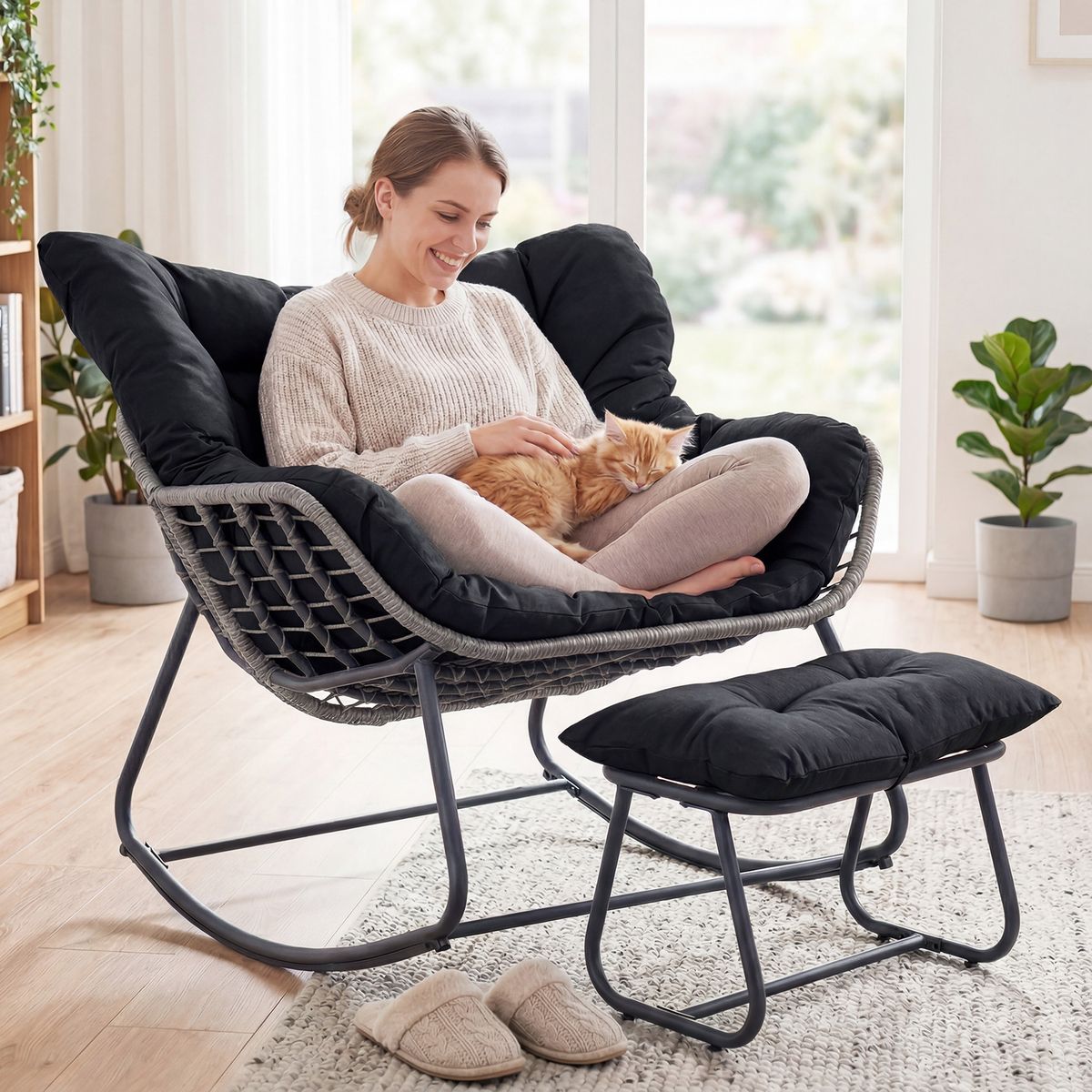 Coast schommelstoel met voetenbank - ergonomisch ontwerp - metalen frame met PE-rattan - zwart