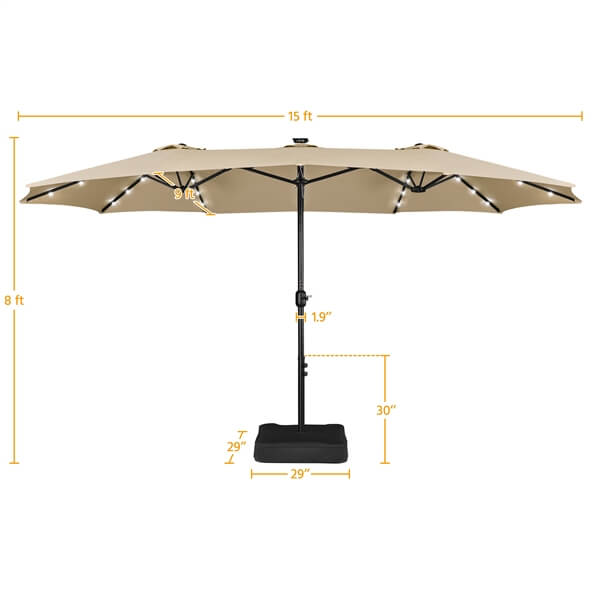 Yaheetech Dubbele Terrasparasol 15 ft - 36 Solar LED - Inclusief Basis/Zandzakken