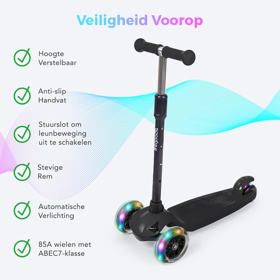 LifeGoods TurboRide Kinderstep - Step 5-8 Jaar - 3 Lichtgevende LED Wielen - Hoogte Verstelbaar - Jongens/Meisjes - Zwart