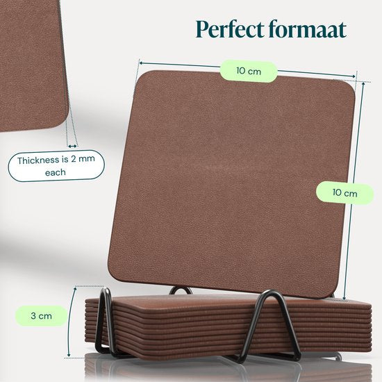 Castagnola Kunstlederen Onderzetters – Onderzetters voor Glazen – Design Onderzetters met Houder – Leren Onderzettersset met metalen houder – Leder – Set van 10 - Bruin - 10x10cm