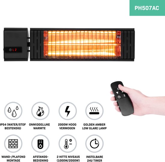 VONROC Sfeervolle terrasverwarmer – Volsini PRO – 2000W – Met instelbare warmteniveaus, timer, LCD-scherm en afstandsbediening