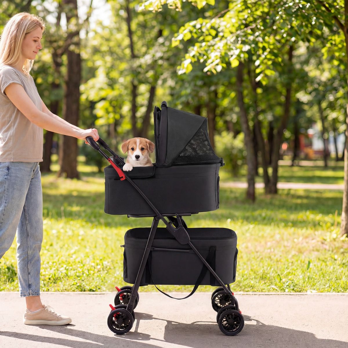 Coast Opvouwbare Dubbele Huisdierenwagen - 3-in-1 met afneembare transportboxen - terreinwielen - black