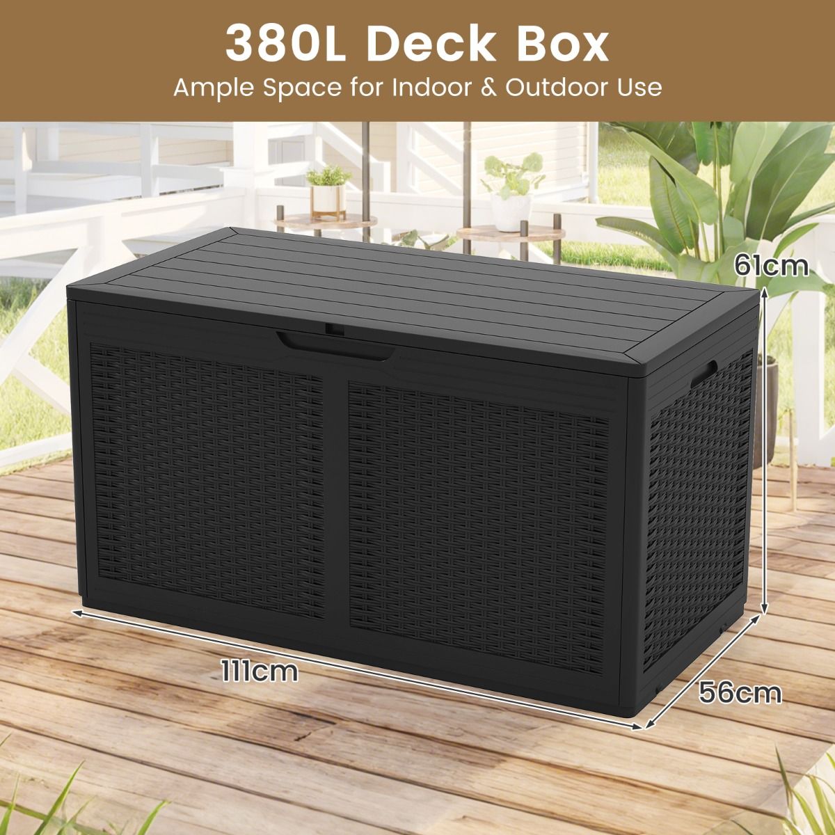 Coast Tuinbox met wielen - waterdichte opbergbox - bankje - zwart - 380 liter