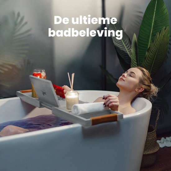 RelaxTub® Badplank - Badplank voor in Bad - Badrek - Verstelbaar - Anti Slip - Badplank Grijs - Badplank Hout - Badrekje inclusief Boekenhouder, Tablethouder & Spiegel