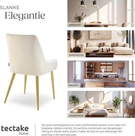 tectake® Eetkamerstoel Avane - Fluweeloptiek - Ergonomische gestoffeerde stoel met gouden stalen poten - Draagkracht 120 kg - Moderne eetkamer- en keukenstoel - Set van 2 - Beige