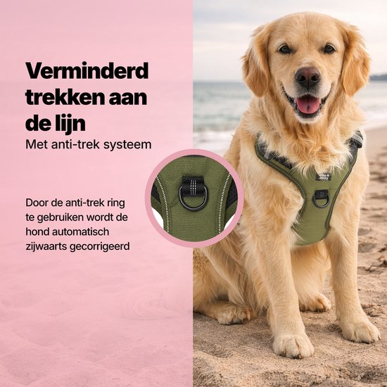 Jake en Jacky Hondentuigje - Anti-Trek Tuig - Hondenharnas - Y Tuig Hond - Reflecterend - Groen- Maat S