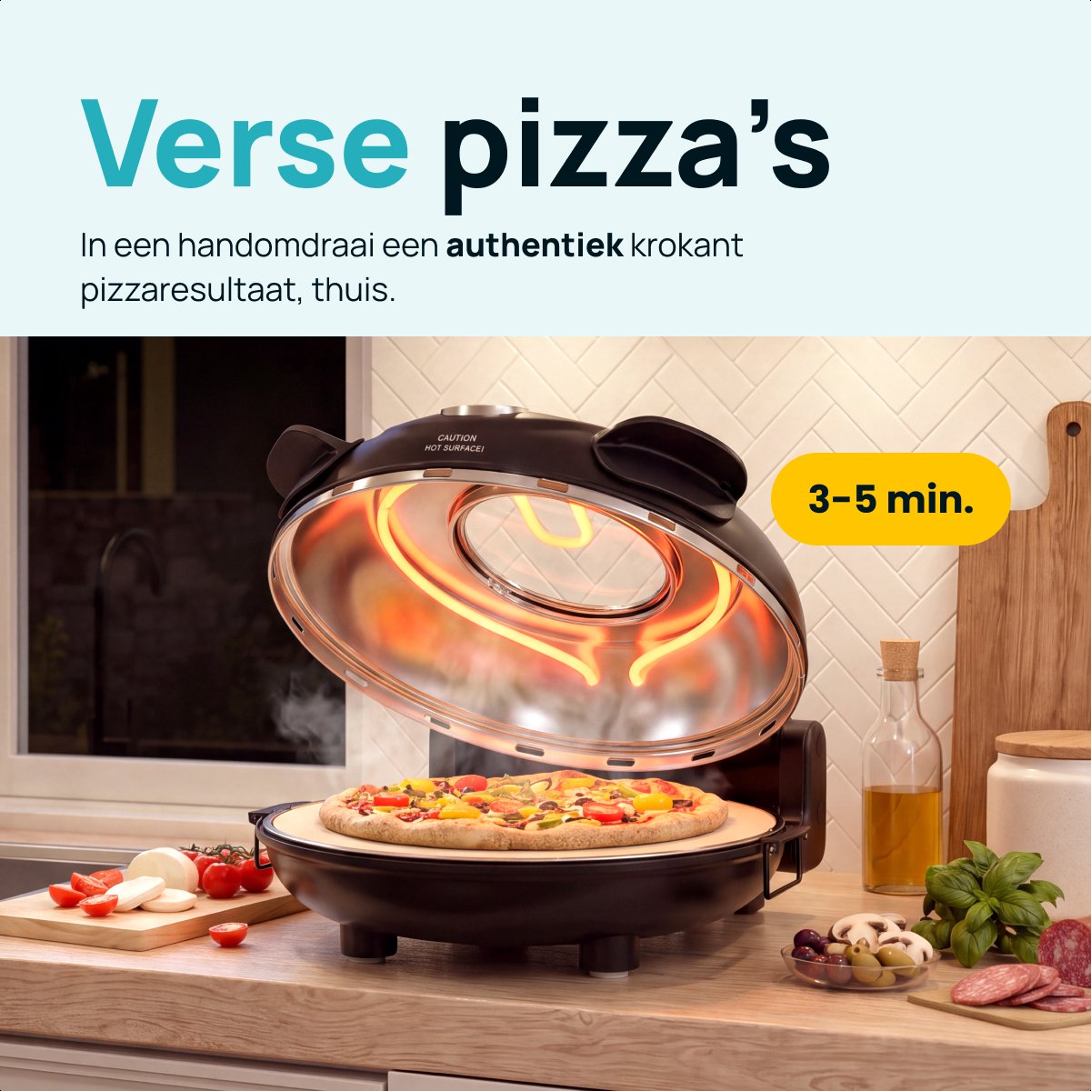 MOA Elektrische Pizzaoven - Tot 400°C - 30,5 cm Pizzasteen - Regelbare Boven- en Onderwarmte - Inclusief 2 Bamboescheppen - Zwart