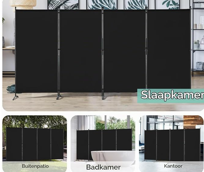 Angel Living Kamerscherm met Wielen 4-Panelen - Zwart - 324 x 180 cm - Opvouwbaar