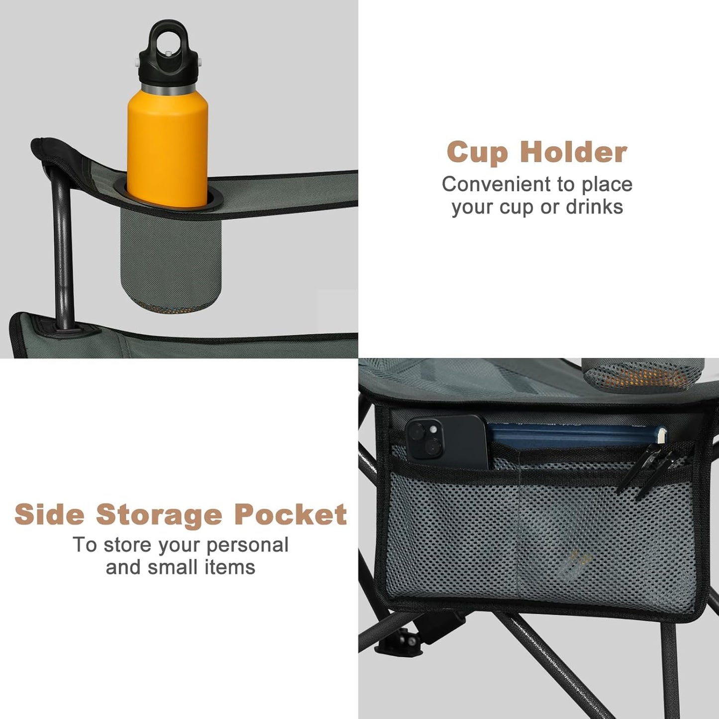 Woltu Campingstoel Verstelbare Rugleuning met Voetensteun - Grijs - 84 x 101 x 71 cm - Opvouwbaar - Bekerhouder & Draagtas