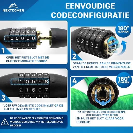 NEXTCOVER® Cijferslot Fietsslot - Het origineel - [SAFESECURE] Hoge veiligheid - Fietssloten met 5-cijferige cijfercode, cijferslot fiets staal - Fietsslot perfect voor e-bike - Kettingslot Groente