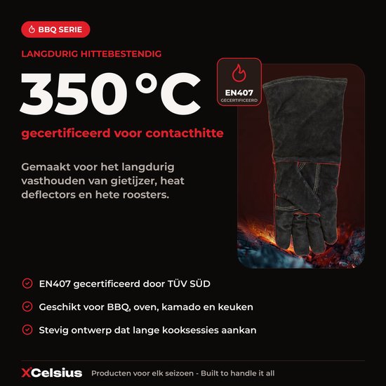XCelsius® BBQ Handschoenen Splitleer – TÜV Gecertificeerd EN407 – Hittebestendige Barbecue Handschoenen en Ovenhandschoenen – Voor Kamado, Gietijzer, Roosters en Heat Deflectors – Cadeaus voor Mannen – 1 Paar – Zwart met Rood