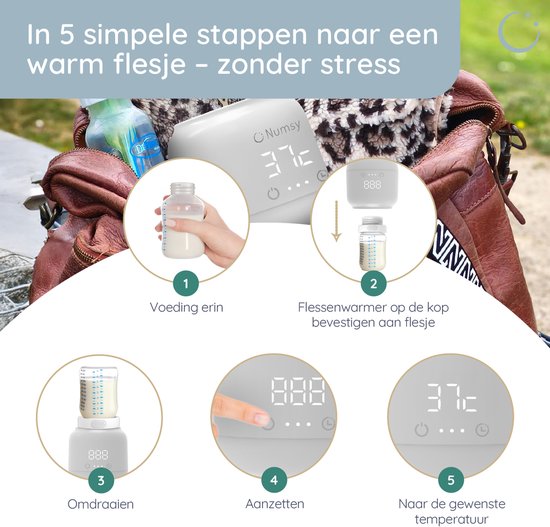 Numsy Velmi Zeer Draagbare Flessenwarmer Onderweg - Draadloos - Incl 4 Adapters