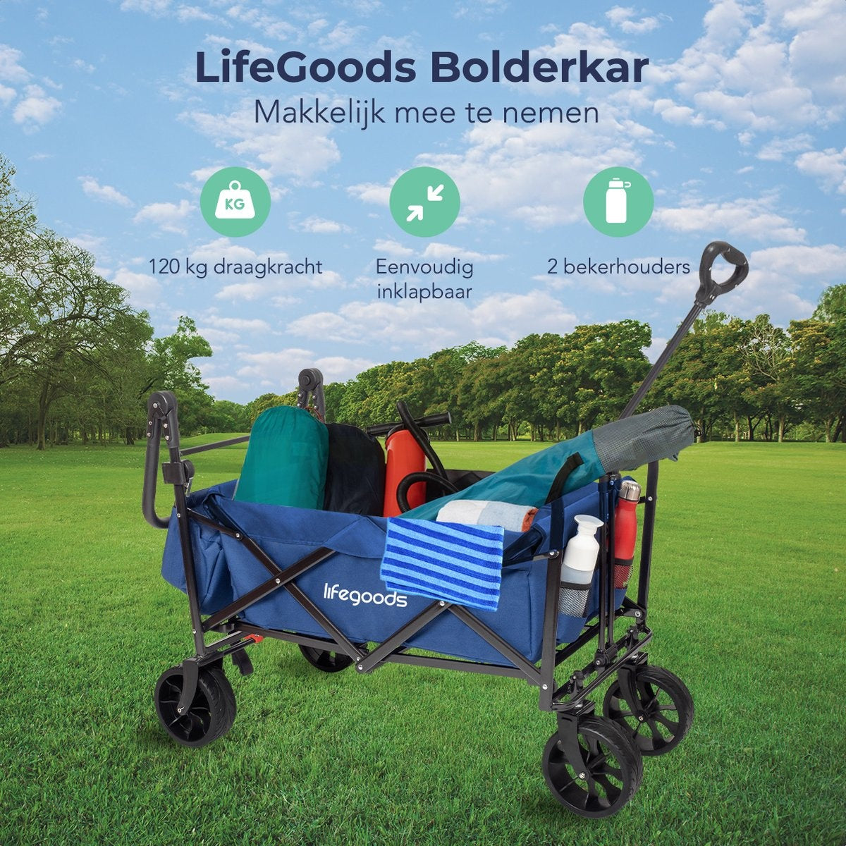 LifeGoods Bolderkar - Opvouwbaar - Tot 120KG - 90L - Wasbaar Polyester - 120x80cm - Blauw