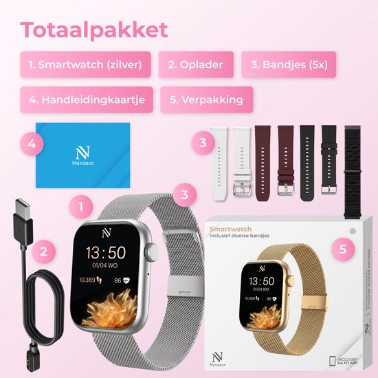 Nuvance Smartwatch Dames - Smartwatch Heren - Stappenteller Horloge Dames - Hartslagmeter - Sporthorloge - Geschikt voor iOS/Android - AMOLED - Incl. 5 Bandjes - Zilver