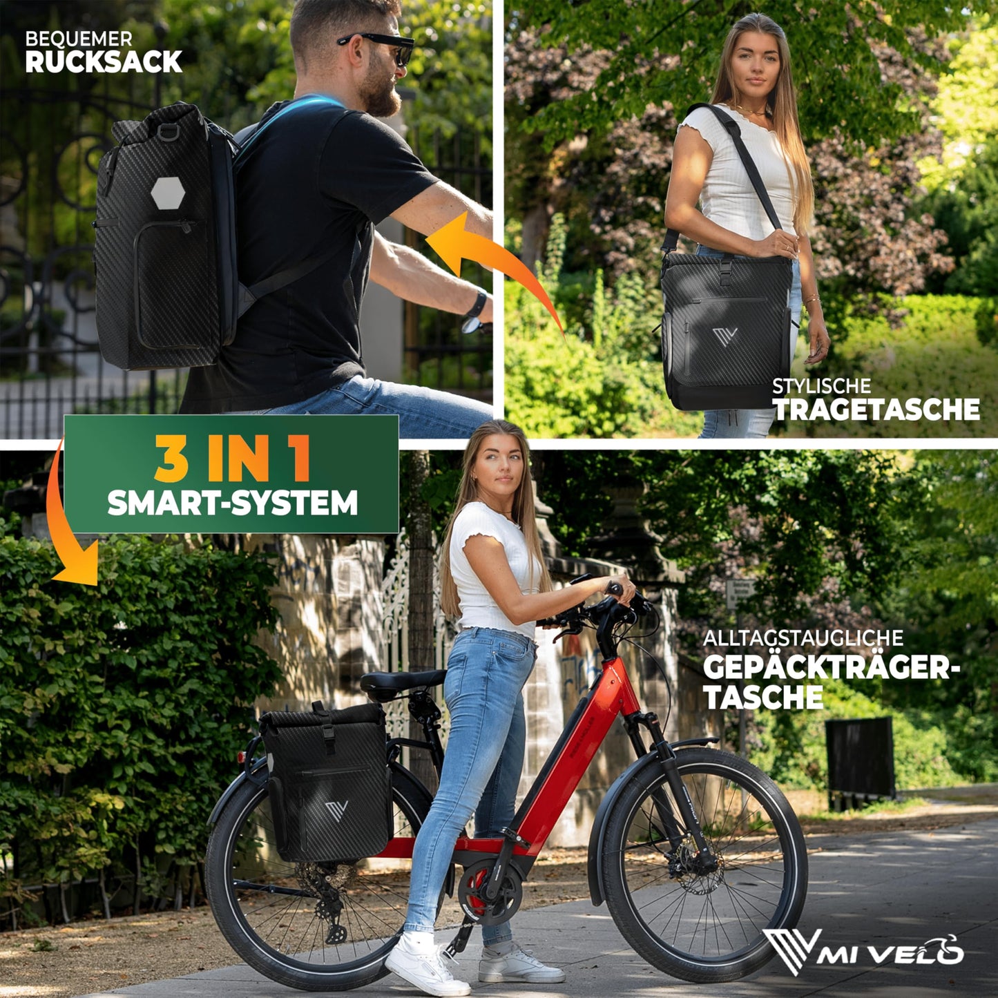 MIVELO EVO 25L 3 in 1 fiets tas voor bagage drager - rugzak en schoudertas - 100% waterdicht - Zwart Carbon