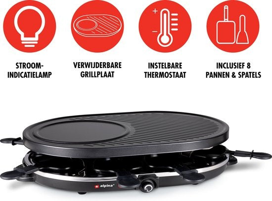 Alpina Gourmetstel - Bakplaat - met Pannetjes en Spatels - 1200W - 8 Personen