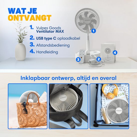 Vulpes Goods® Tech Draadloze Statiefventilator – 4-in-1 Oplaadbare Ventilator – Stil & Verstelbaar – PRO Versie