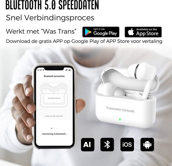 Shine Vertaalcomputer - Vertaal apparaat met spraak - Draadloze Oordopjes Wit - EarPods met Vertaalfunctie - Bluetooth 5.0 - 127 Talen en 97% Accuraat - 24 Uur Batterij