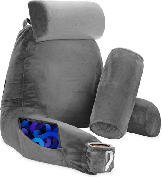 Leeskussen voor in bed - Goede houding in bed - Met 3 opbergvakken - Rugkussen voor onderrug - Bookseat voor bank - Grijs - Soft & Silky
