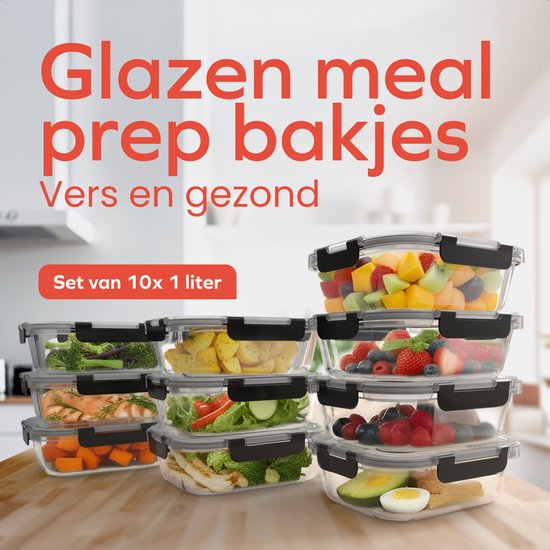 KitchenBrothers Meal Prep Bakjes - Glazen Vershoudbakjes - Luchtdicht - BPA en PFAS Vrij - 1L - Glas - 10 Stuks