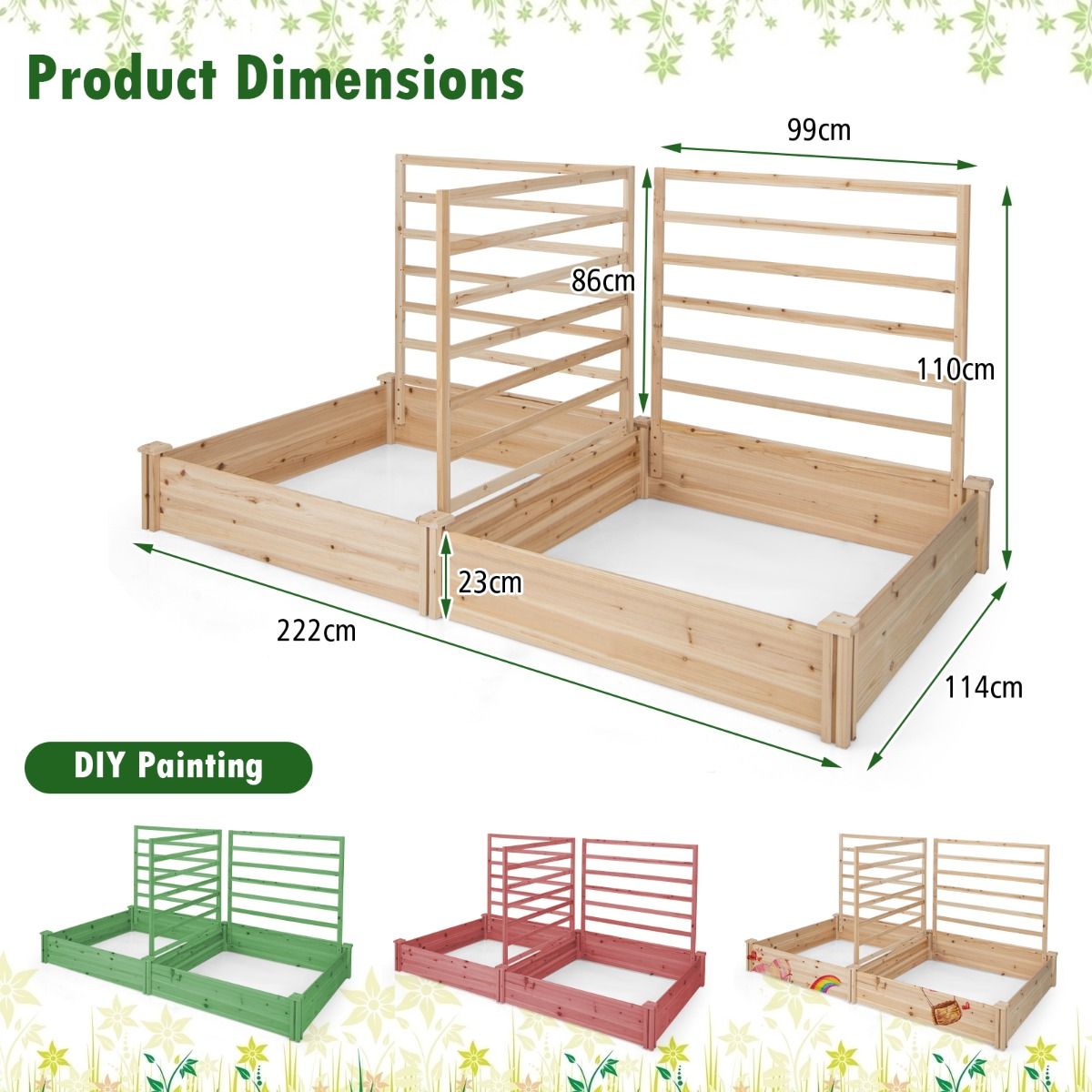 Coast Houten Plantenbak met 3 Klimrekken - Verhoogd Tuinbed - Open Bodem - Natuurlijk Dennenhout - 222 x 114 x 110 cm