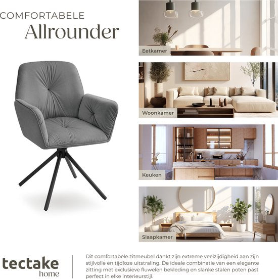 tectake® Draaifauteuil Lenia - Set van 2 Draaifauteuils met Armleuning - Draaibare Eetkamerstoel - Draaibare Fauteuils - Gestoffeerd - Fluweellook Antraciet/Zwart