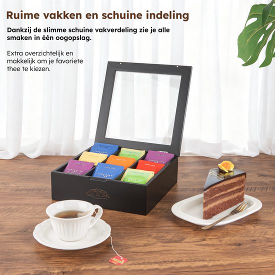 Theedoos - 9 Vakken - Theedoos Hout - Transparant Plexiglas Deksel - Magnetische Sluiting - Luxe Thee Doos - Schuine Vakjes - Bamboe - van Nimma