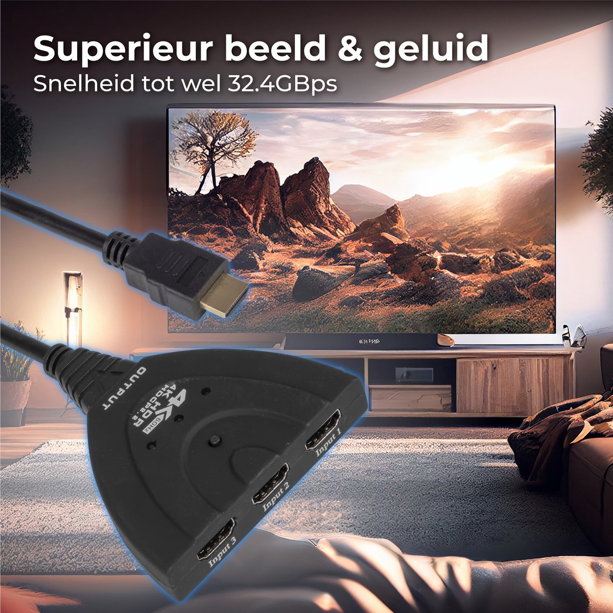 Nuvance HDMI Switch – 3 Ingangen, 4K 60Hz Ondersteuning – 60 cm – Zwart