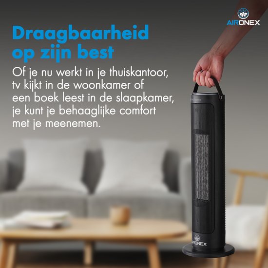 Elektrische Kachel 2000 Watt van Aironex - Keramische Zwarte Kachelventilator - Kachel Electrisch - Verwarming Elektrisch - Heater - Ventilatorkachel met afstandsbediening en timerfunctie