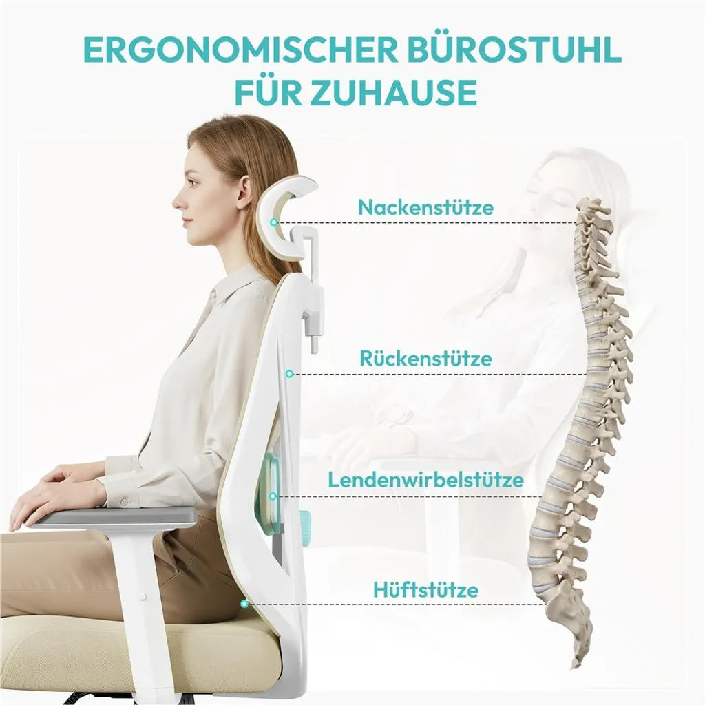 Yaheetech Ergonomische Bureaustoel met Verstelbare Hoofdsteun en Lendensteun - Beige - 70 x 59 x 115-125 cm