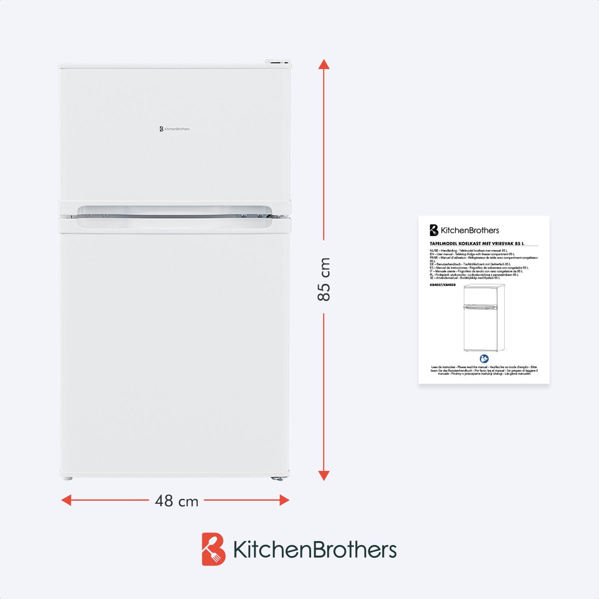 KitchenBrothers Koelkast - 61L Koelvak - 24L Vriesvak - Koelvriescombinatie - Vrijstaand - 50x48x85 cm - Wit