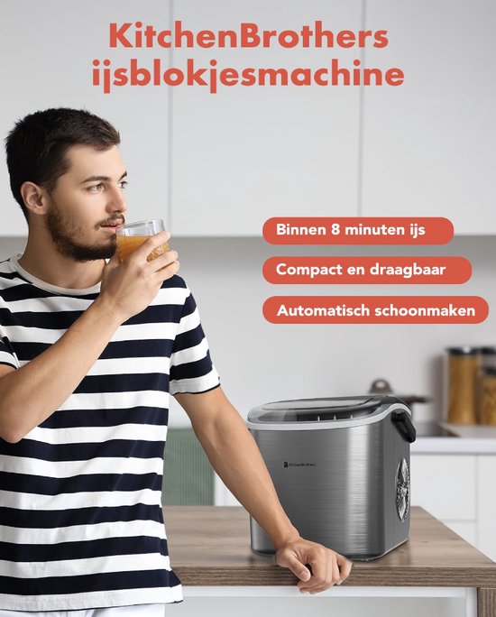 Ijsblokjesmachine - Ijsblokmaker met IJsschep - 9 Blokjes in 8 min. - Draagbaar met Handvat - RVS