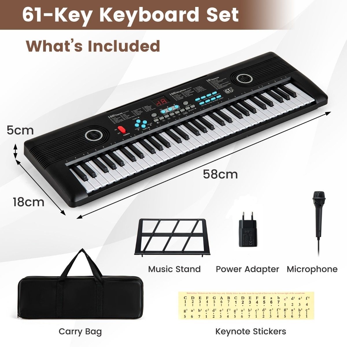 Coast Kinderkeyboard 61 Toetsen met Standaard, Microfoon & Draagtas - 58x18x5 cm - Zwart