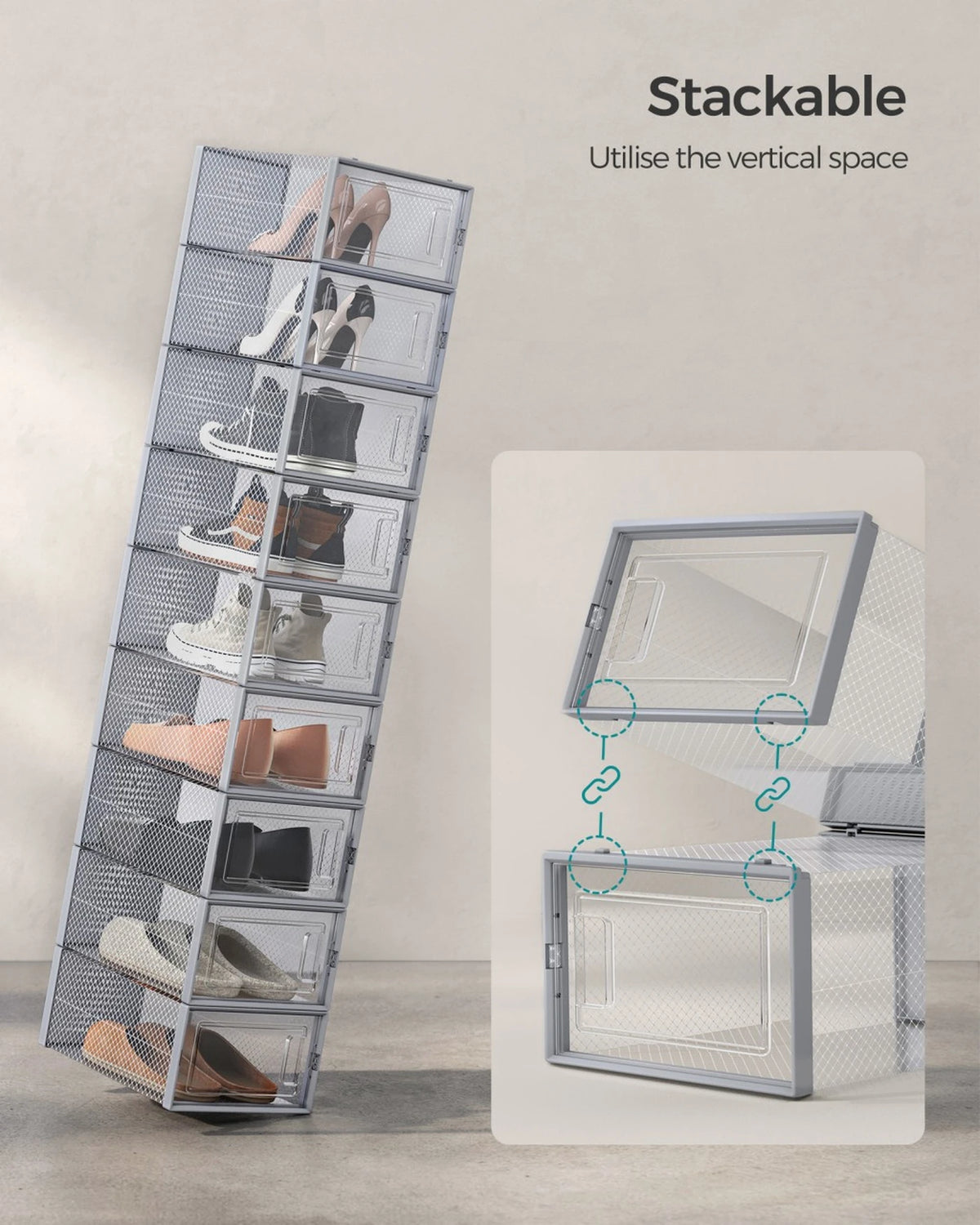Joyfurnos Schoenenboxen Set van 18 - Transparant & Grijs - Stapelbaar - 33,3 x 23,1 x 14,3 cm per Box