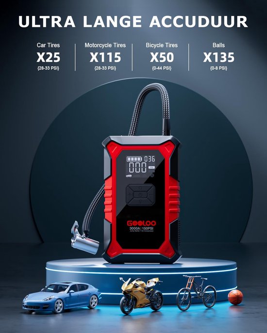 GOOLOO A3 - Draagbare Jumpstarter met Compressor & Powerbank - 3000A - 12V Voertuigen - USB Snelladen - Compact Design - LED Zaklamp - Voor Auto, Motor & Boot