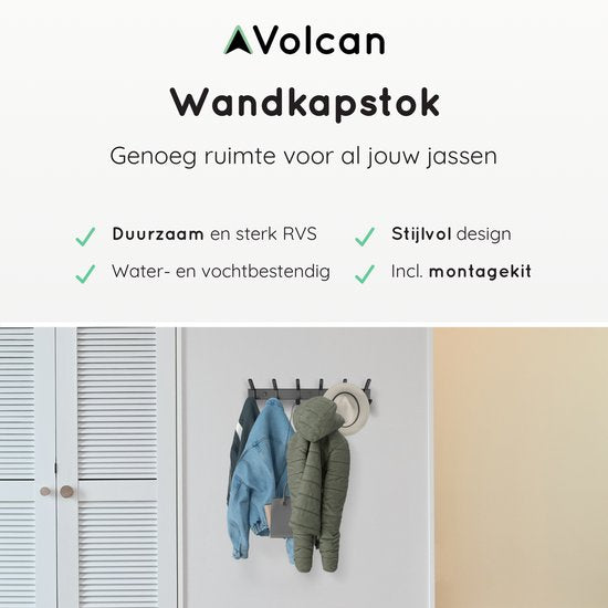 Volcan Wandkapstok - 12 Haken - RVS - Muur Kapstok Hangend - Industrieel - 3M Tape - Zwart