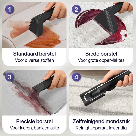 LUMAN 4-in-1 Tapijtreiniger – Zelfreinigend – Voor Bank, Vloer & Auto – 4 Borstels – Incl. Schoonmaakmiddel