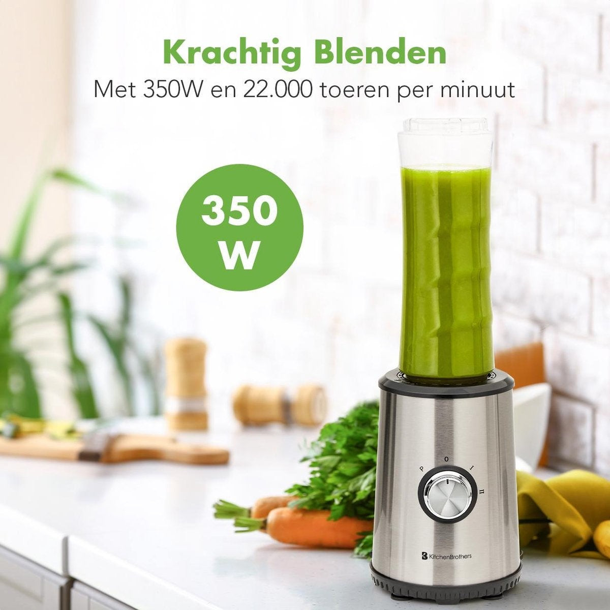 KitchenBrothers Mini Blender - Smoothie Maker - 2 To-Go Bekers - 350W - RVS